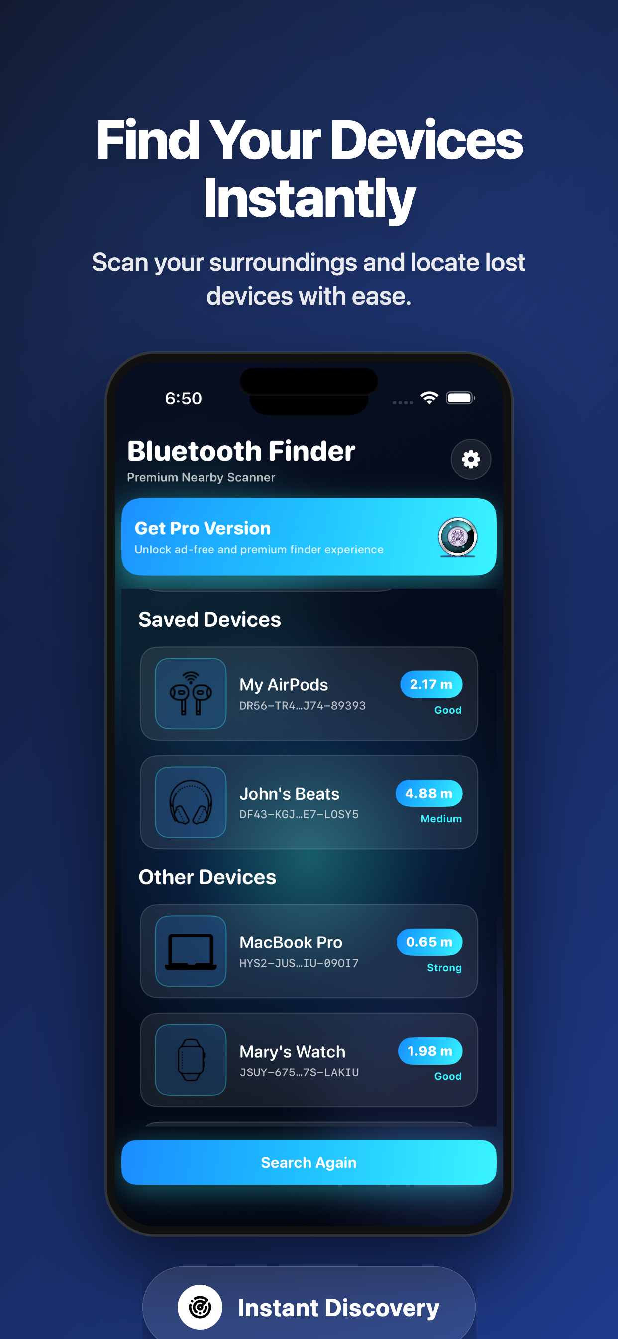 BLE Scan IO screenshot showing instant discovery list